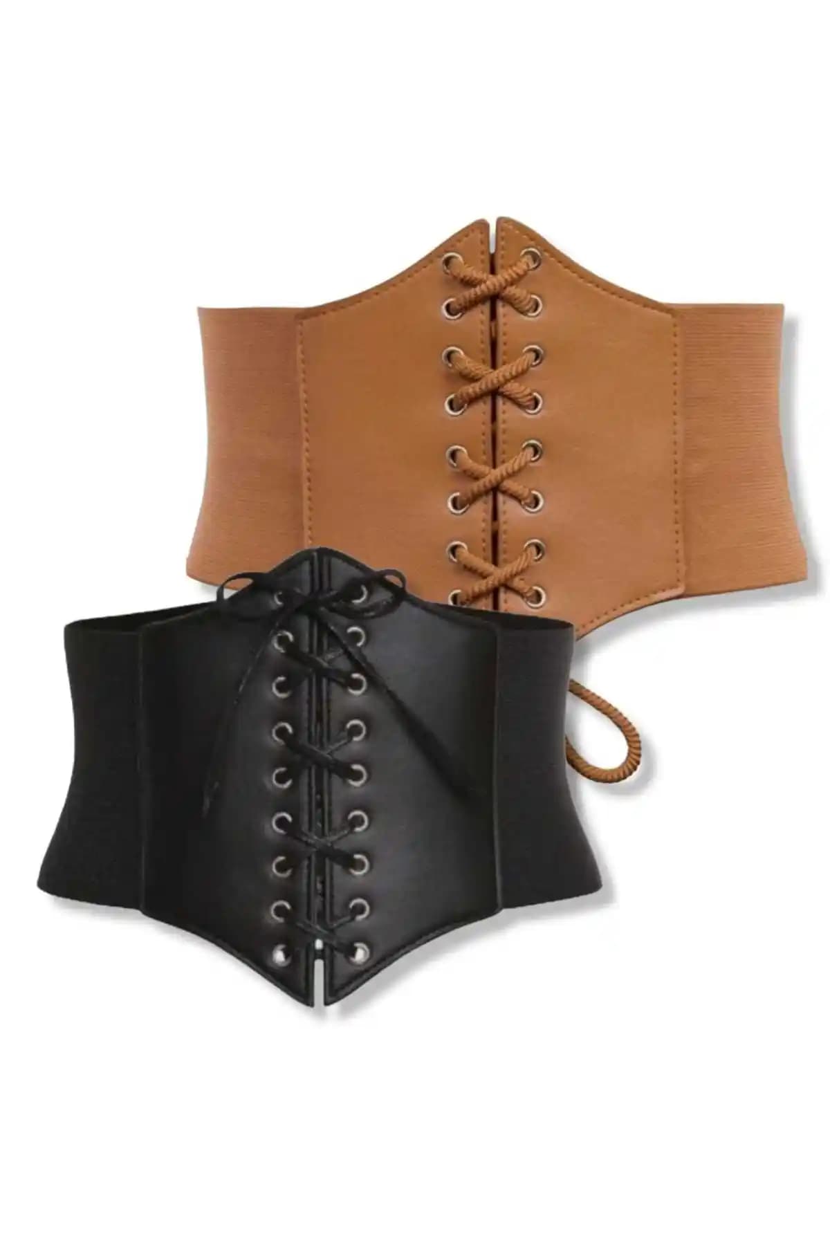 Kadın Siyah Taba 2'li Lastikli Korsesi ve Kalın Kemer ile Şıklık ve Konfor Bir Arada